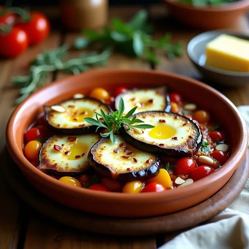 Fuente de barro rústica con ratatouille con berenjena ahumada en rodajas doradas, cubiertas de queso de cabra vegano gratinado y almendras fileteadas crujientes, acompañada de tomates caramelizados y hierbas frescas, receta francesa reconfortante.
