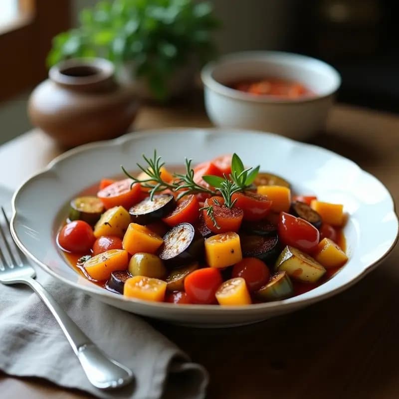 Plato hondo de cerámica blanca con ratatouille provenzal de verduras en cubos, berenjena ahumada oscura, pimientos rojos y amarillos, calabacín y tomates, decorado con hierbas provenzales frescas y un toque de pimentón ahumado espolvoreado.