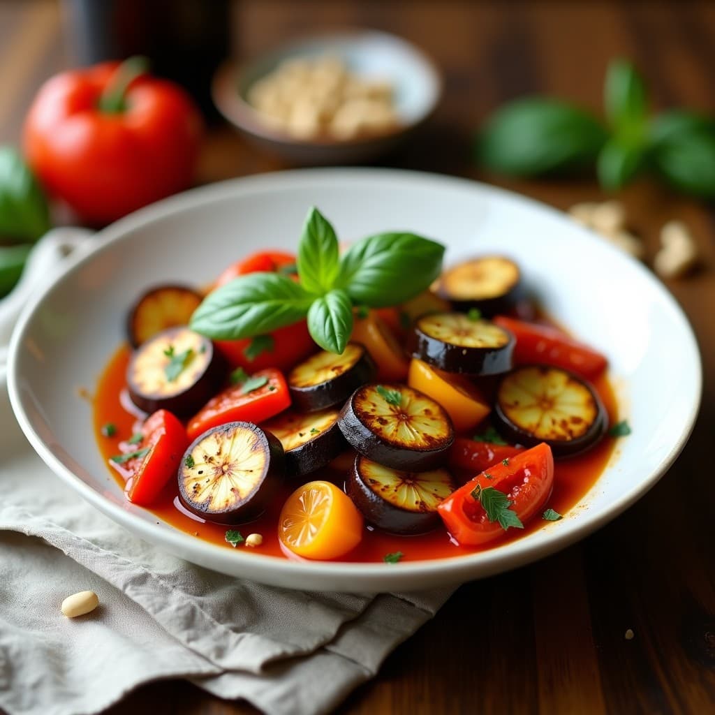 Plato de ratatouille de colores con capas de berenjena asada dorada, calabacín, pimientos rojos y amarillos, cebolla morada, bañados en salsa de tomate seco brillante, decorado con hojas de albahaca fresca y un hilo de aceite de oliva.