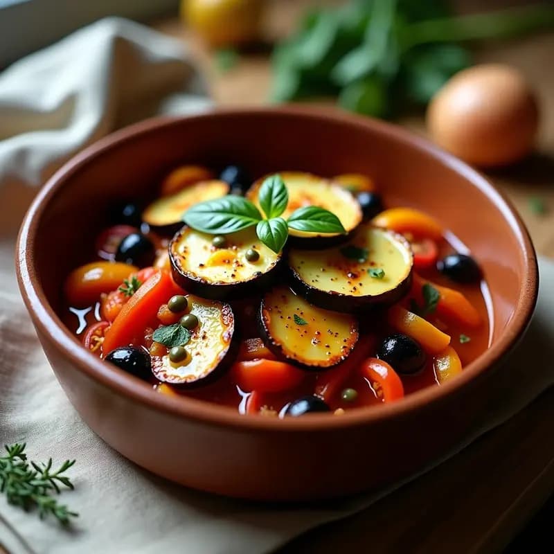 Plato hondo de barro con ratatouille vegana de berenjena asada, calabacín, pimiento rojo y tomate, cocinada en olla lenta, decorada con hierbas provenzales frescas y un hilo de aceite de oliva.