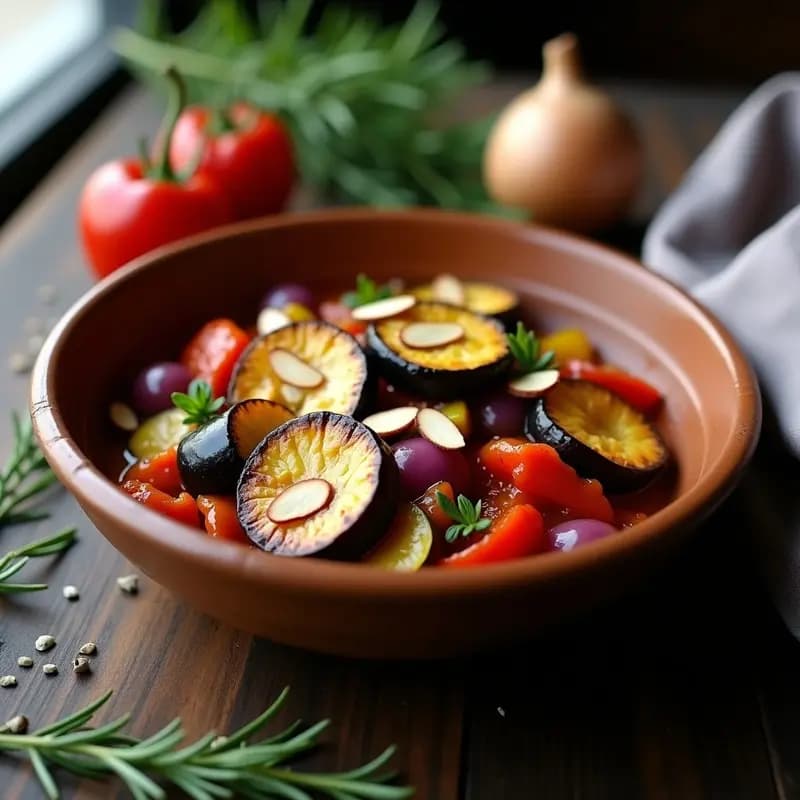 Plato hondo de barro con ratatouille de berenjena asada y calabacín keto, decorado con rodajas de berenjena doradas y almendras fileteadas tostadas, sobre fondo rústico de madera con hierbas provenzales esparcidas.