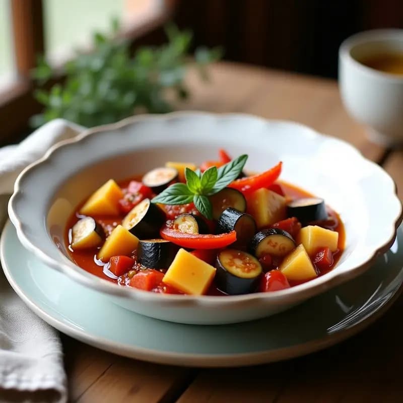 Plato hondo de barro con ratatouille de berenjena y calabacín provenzal en Thermomix, verduras en cubos dorados bañadas en salsa aromática con hierbas frescas, servida con una rama de albahaca.