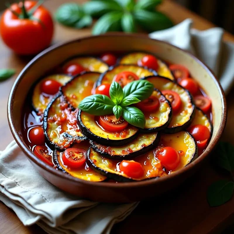 Cazuela de barro con ratatouille francesa colorida: cubos dorados de berenjena y calabacín, tomates rojos brillantes y pimiento asado, espolvoreada con albahaca fresca. Plato rústico con fondo de madera oscura.