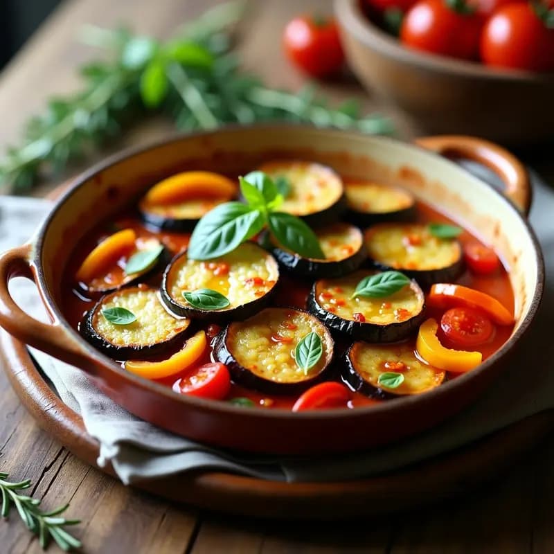 Plato hondo de barro con ratatouille vegano de berenjena y calabacín en capas, bañado en salsa de tomate casera y hierbas provenzales, servido con un toque de albahaca fresca.