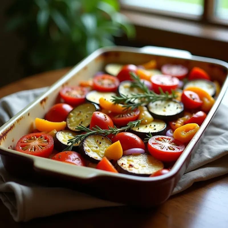 Bandeja de horno con ratatouille francesa vegana y baja en calorías: berenjena y calabacín asados en rodajas gruesas, pimientos rojos y amarillos, tomates pera y hierbas frescas, con un sofrito de tomate y ajo en el fondo.