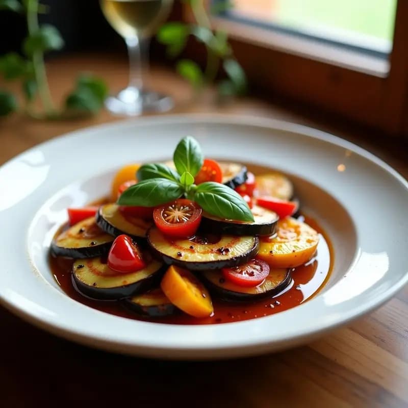 Ratatouille de berenjena y calabaza en airfryer, servida en plato blanco con capas visibles de verduras doradas, tomate confitado y albahaca fresca, fondo rústico de madera.