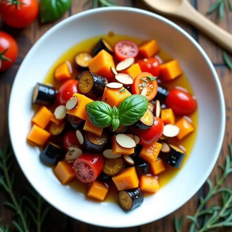 Plato hondo de cerámica blanca con ratatouille de berenjena y calabaza vegana sin cocción, decorada con almendras tostadas y hojas de albahaca fresca. Fondos de hierbas provenzales y aceite de oliva brillando bajo luz natural.