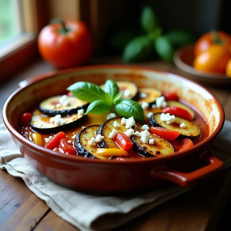 Plato hondo de barro con ratatouille en capas perfectamente alineadas: rodajas de berenjena asada dorada, calabacín verde, pimiento rojo y amarillo, y tomate, coronadas con queso de cabra vegano derretido y hojas de albahaca fresca. Receta francesa vegana en olla lenta.