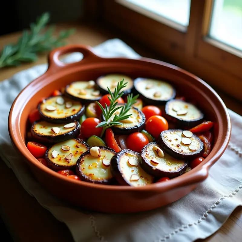 Fuente de barro rústica con ratatouille provenzal: capas de berenjena asada dorada, verduras sofritas en cubos y trozos cremosos de queso de cabra vegano gratinado. Acompañada de hojas de albahaca fresca y un chorrito de aceite de oliva.