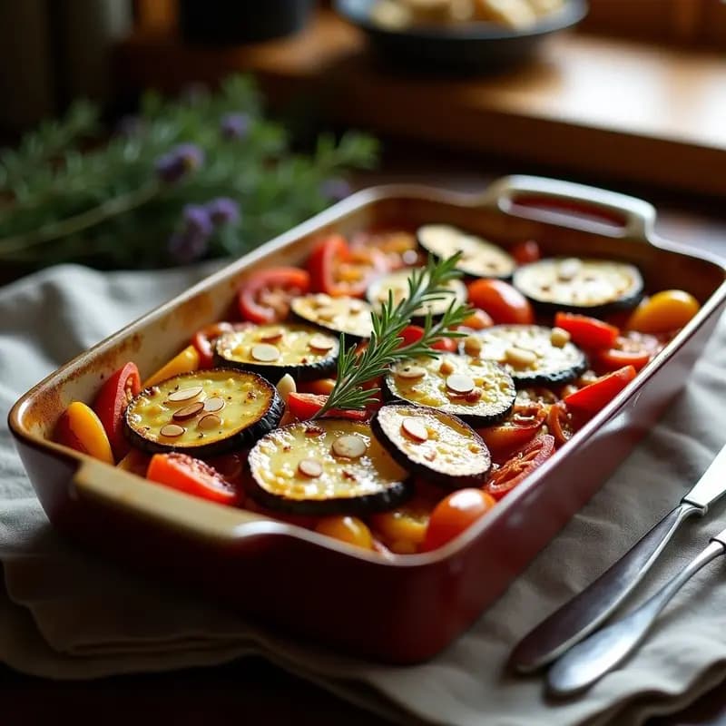 Plato de ratatouille tradicional francesa con capas de berenjena asada, calabacín, pimientos y tomate, gratinado con queso de oveja fundido y dorado, servido en cazuela de barro rústica.