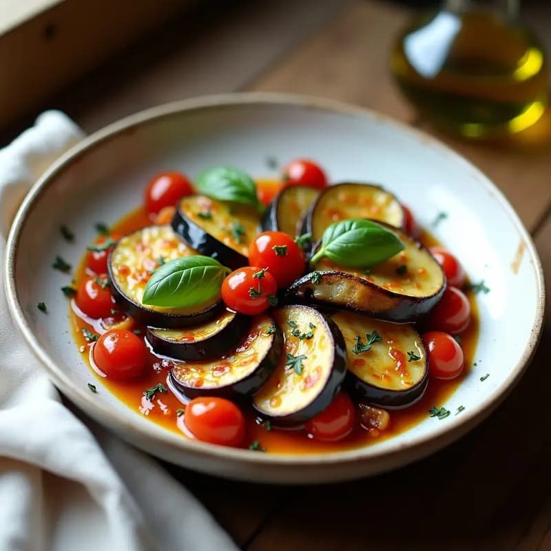 Plato hondo de cerámica blanca con ratatouille de berenjena asada en rodajas doradas, tomates confitados brillantes, y verduras sofritas en capas, decorado con hojas de albahaca fresca y hierbas provenzales.