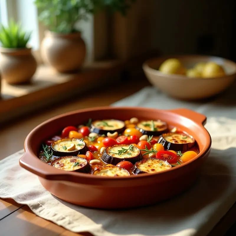 Fuente de barro rústica con ratatouille provenzal vegana: capas de berenjena asada dorada, calabacín, pimiento rojo y tomates secos, bañados en salsa de tomate espesa con hierbas de Provenza y albahaca fresca.