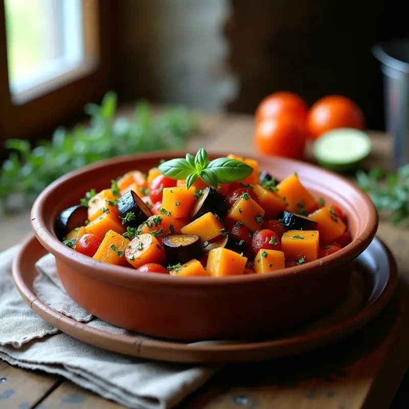 Cazuela de barro con ratatouille de calabaza y aubergine vegano, guiso provenzal con hierbas frescas como albahaca y romero, colores vibrantes y textura jugosa.