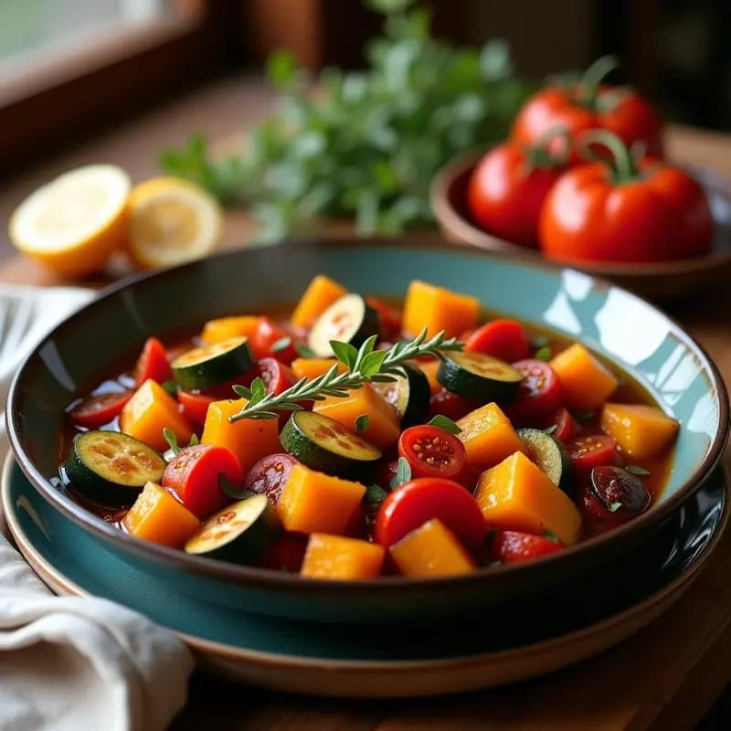Olla lenta abierta mostrando capas perfectas de ratatouille provenzal con calabaza butternut, berenjena, pimientos y tomates, cocinados a fuego lento sin aceite. Plato rústico con hierbas frescas como decoración.
