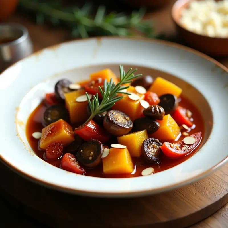 Plato hondo de cerámica blanca con ratatouille de calabaza y champiñones portobello vegana, verduras estofadas en salsa espesa con almendras tostadas, decorado con hojas de romero fresco sobre fondo rústico de madera.