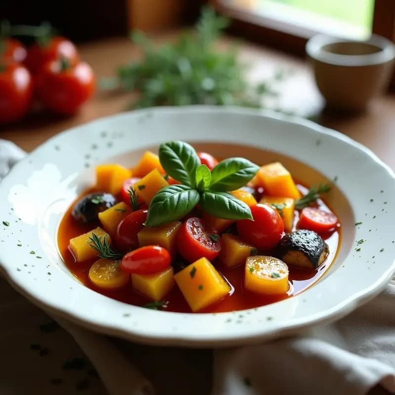 Plato hondo de cerámica blanca con ratatouille de calabaza y tomate vegana, cubos de calabaza butternut dorados, tomates pera caramelizados y berenjena tierna, decorado con hojas de albahaca fresca y un hilo de aceite de oliva virgen extra. Fondo rústico con mantel de lino y hierbas provenzales.