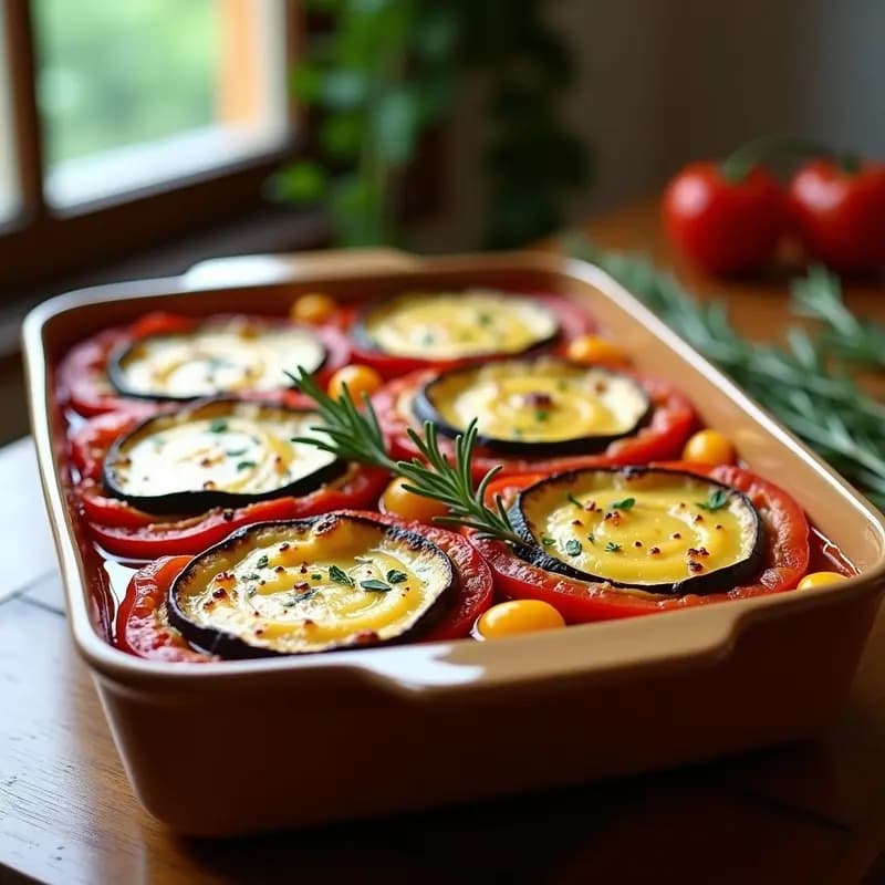 Fuente de horno rectangular con ratatouille en capas gratinada: rodajas finas de berenjena, calabacín y tomate dispuestas en espiral, cubiertas con queso de oveja dorado y hierbas provenzales, servida sobre mesa de madera rústica.