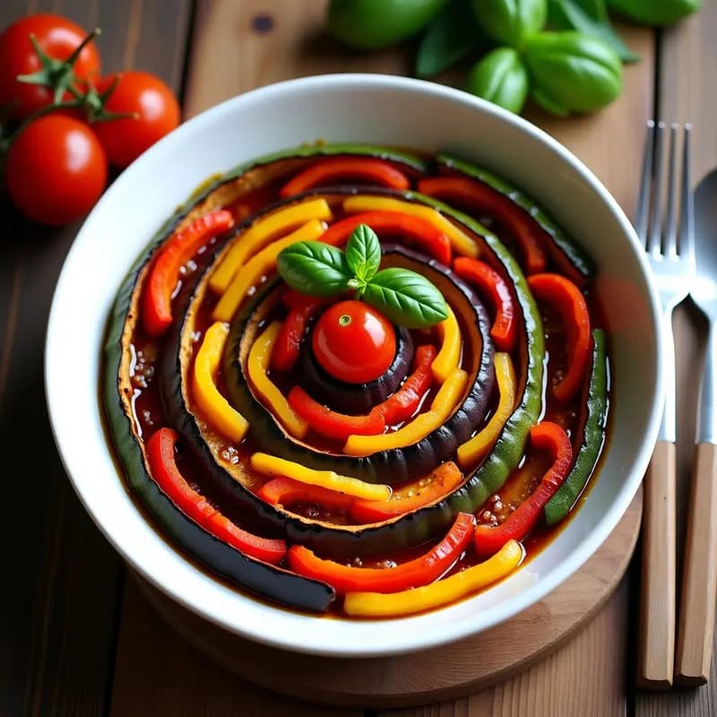 Ratatouille en espiral vegana con capas concéntricas de berenjena, calabacín, pimiento rojo, amarillo y tomate, horneada en molde redondo. Presentación gourmet con hojas de albahaca fresca y aceite de oliva virgen extra.
