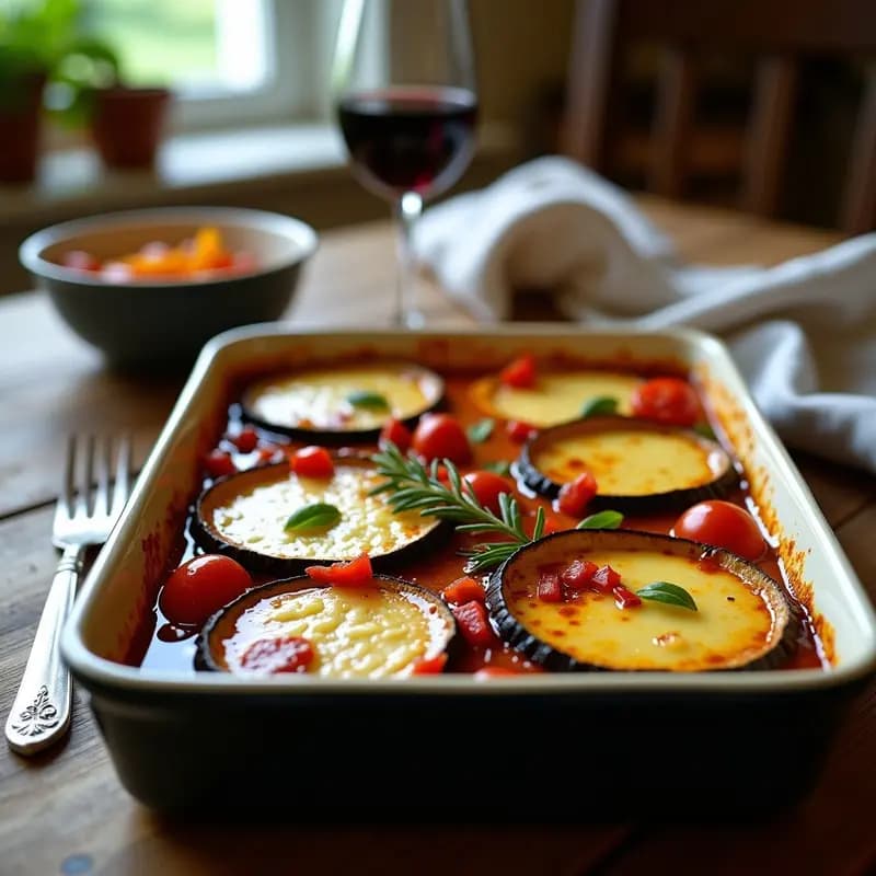 Plato elegante de ratatouille provenzal al horno con capas de berenjena, calabacín, tomate y pimientos, coronado por un flan cremoso de queso de cabra dorado. Presentación en molde rectangular con glaseado de vinagre balsámico y hierbas provenzales.
