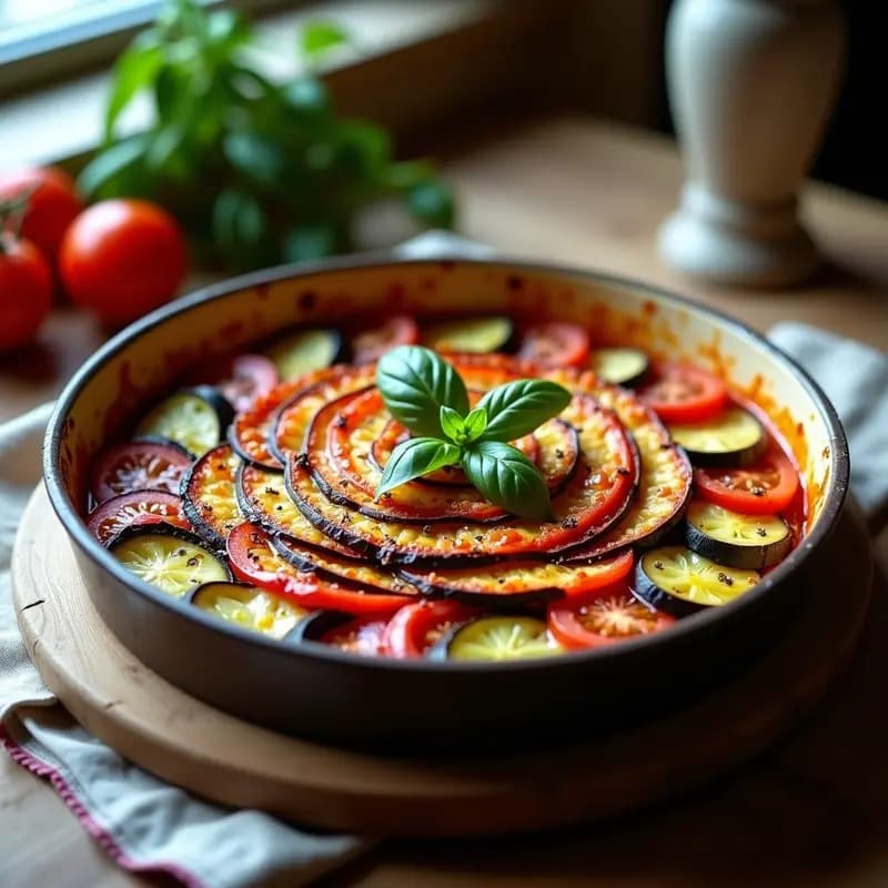 Fuente de horno rectangular con ratatouille francesa en capas perfectas de berenjena, calabacín y tomate, doradas al horno y decoradas con hojas de albahaca fresca. Plato colorido y apetitoso con hierbas provenzales visibles.