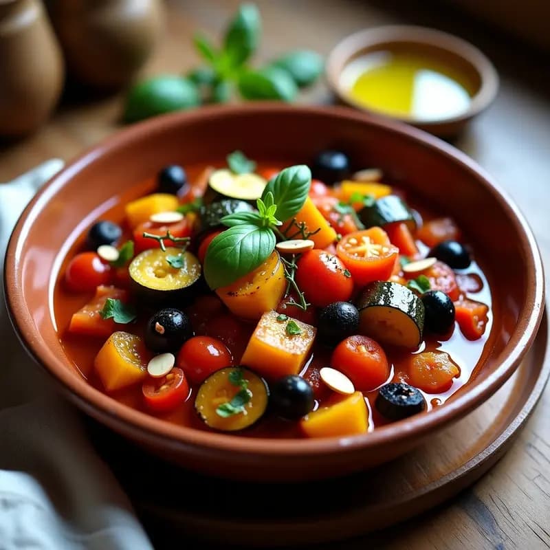 Olla lenta con ratatouille francesa vegana de calabacín y berenjena asada en capas, decorada con albahaca fresca y perejil, servida en un plato hondo de barro con fondo de madera rústica.