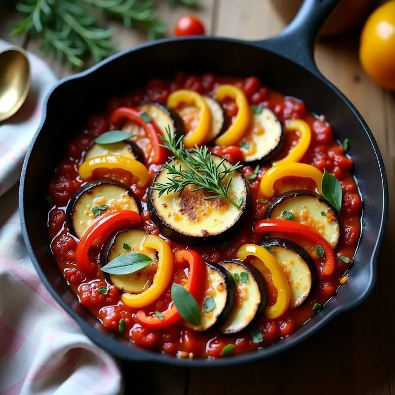 Ratatouille francesa tradicional en capas perfectamente alineadas en sartén antiadherente: rodajas de berenjena, calabacín, tomate y pimientos con hierbas provenzales, lista para servir.