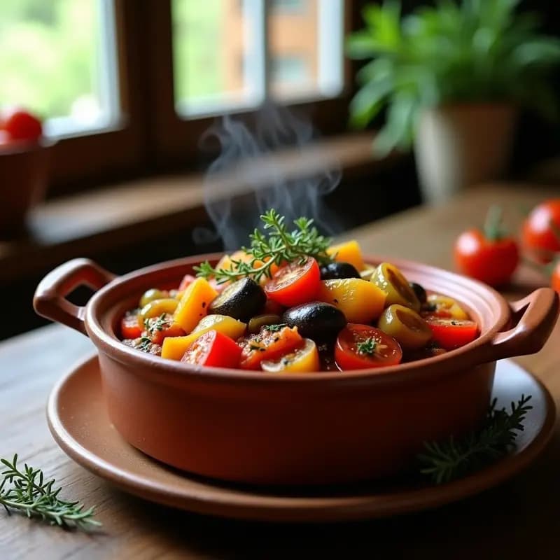 Olla de barro rústica con ratatouille francesa humeante, guiso de verduras provenzal con berenjena, calabacín, pimientos y tomates en salsa espesa, decorado con ramitas de tomillo fresco sobre fondo de madera oscura.
