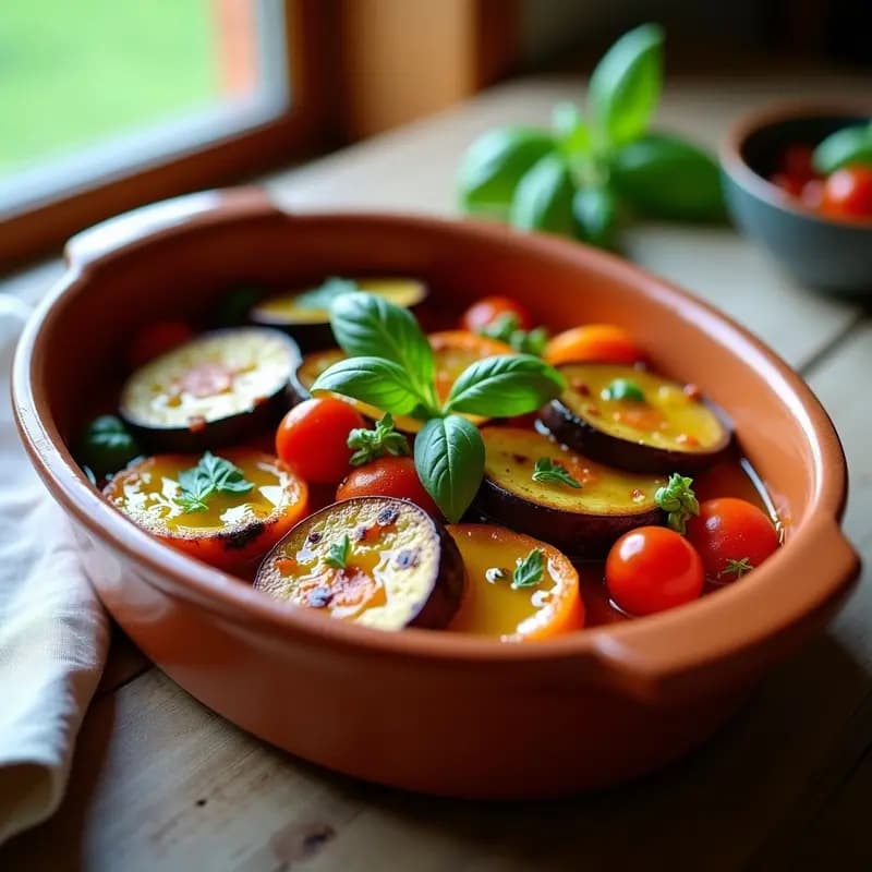 Bandeja de horno rústica con ratatouille provenzal al horno: capas de berenjena, calabacín, pimientos y tomates, doradas y jugosas, decoradas con hojas de albahaca fresca y un hilo de aceite de oliva.