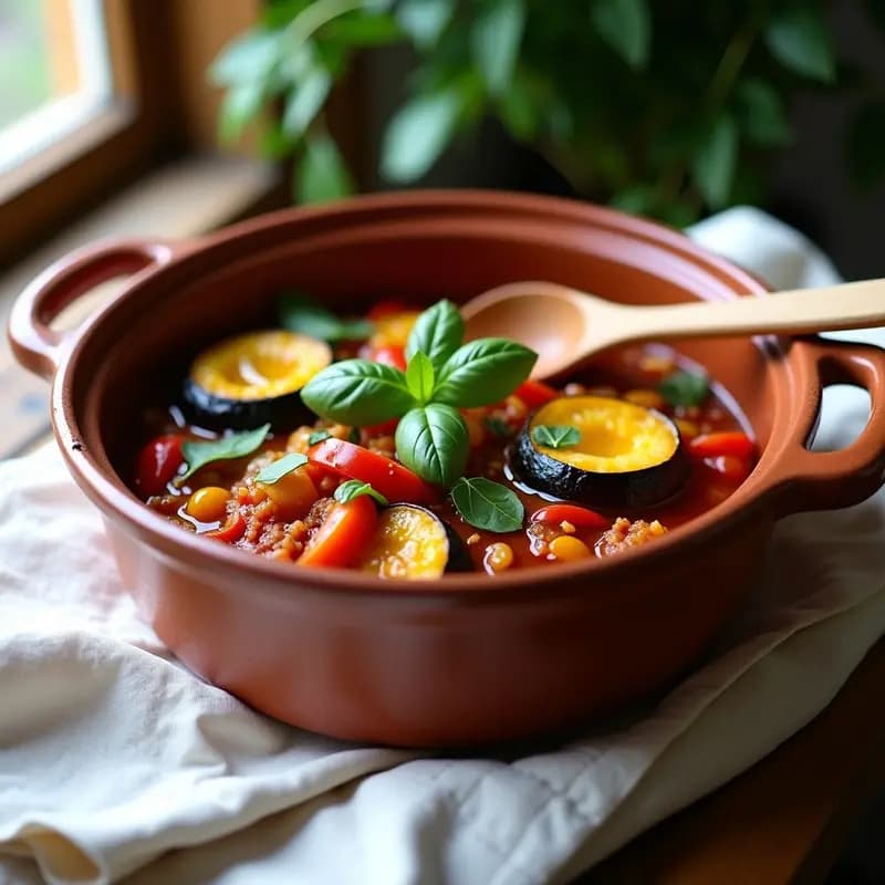 Olla de barro con ratatouille vegana de berenjena, calabacín, pimientos y tomates, espolvoreada con hierbas provenzales frescas y albahaca, servida en un plato hondo de cerámica rústica sobre un mantel de lino blanco.
