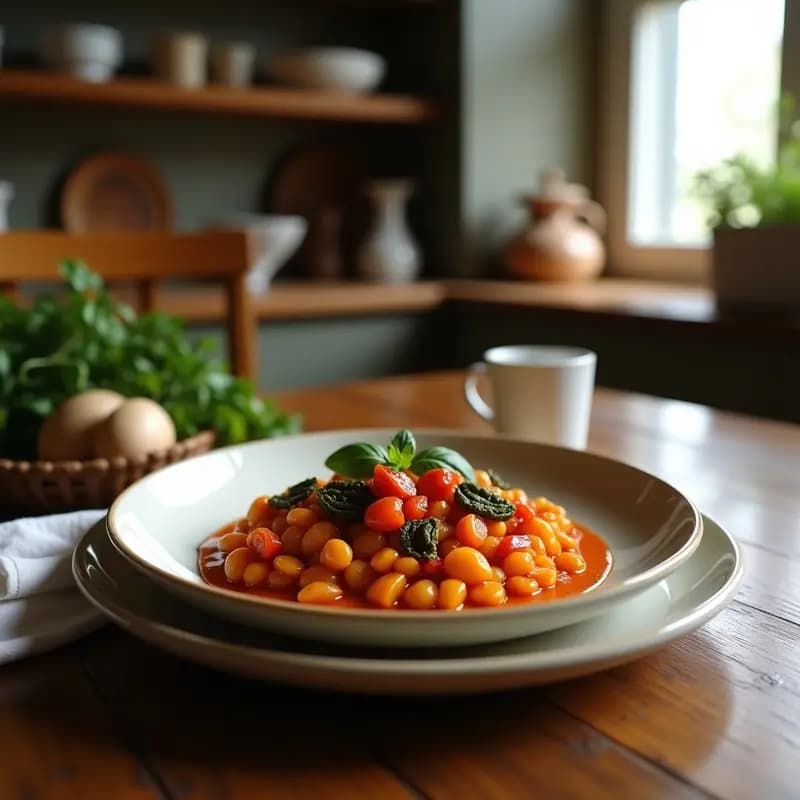 Plato hondo de barro con ratatouille francesa vegana en capas: rodajas de berenjena, calabacín, pimientos y tomates, horneadas con hierbas provenzales. Fondos dorados y jugosos, sin aceite visible. Acompañado de una rama de romero fresco sobre una mesa de madera rústica.