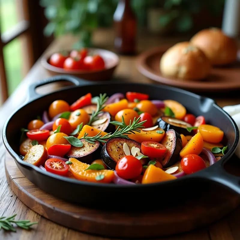 Bandeja de horno con ratatouille tradicional francesa de berenjena en rodajas gruesas, cubos de calabaza butternut dorados, pimientos rojos, cebolla morada y tomates pera asados, decorada con almendras fileteadas tostadas y ramitas de tomillo fresco.