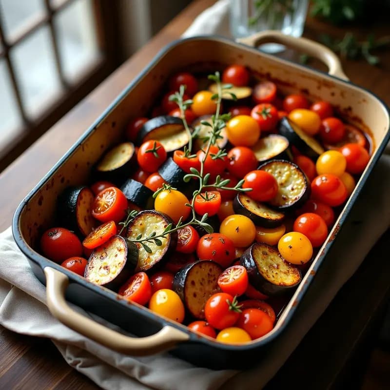 Bandeja de horno con ratatouille al horno: verduras asadas en trozos grandes (berenjena, calabacín, pimientos y tomates) con hierbas provenzales, ajo dorado y un brillo glaseado de vinagre balsámico. Plato rústico y colorido típico de la cocina francesa.