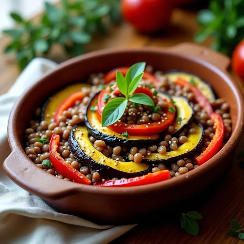 Fuente de horno rústica con ratatouille en capas de berenjena, calabacín, pimientos y cebolla morada, coronada con lentejas pardinas y espolvoreada con perejil y sésamo tostado. Plato colorido y nutritivo, típico de la cocina francesa vegana.