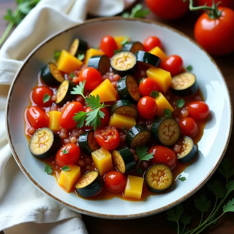 Recipiente de vidrio transparente con ratatouille al microondas sin aceite: mezcla colorida de berenjena, calabacín, pimientos rojos y amarillos, cebolla y tomate en cubos, espolvoreado con perejil fresco. Plato francés vegano y bajo en calorías, ideal para tupper.