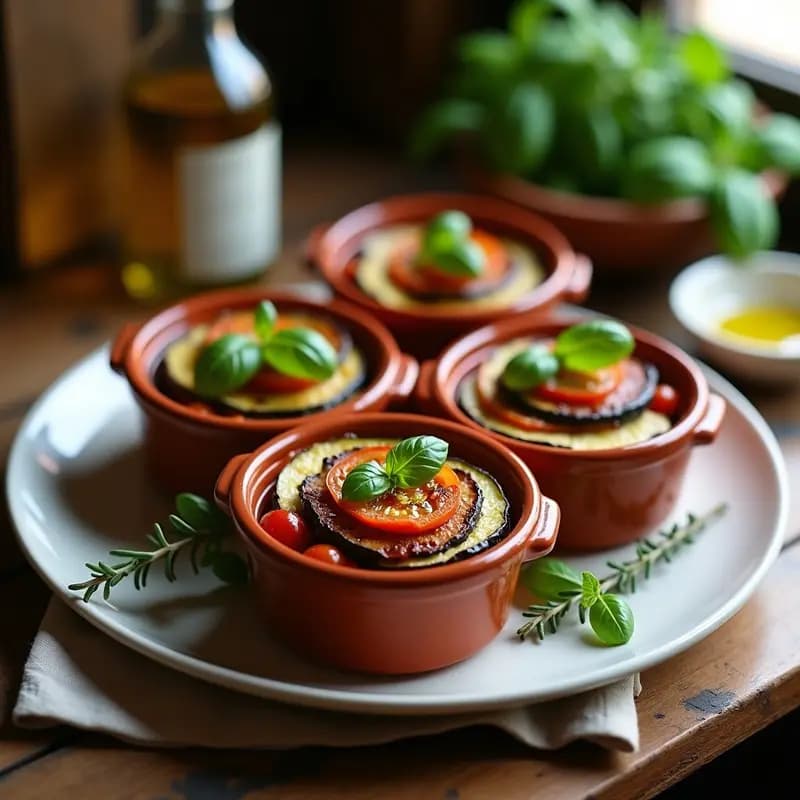 Mini cocottes de barro individuales con ratatouille tradicional francesa, capas de berenjena y calabacín asados, tomate y hierbas provenzales, servidas sobre una mesa rústica de madera.