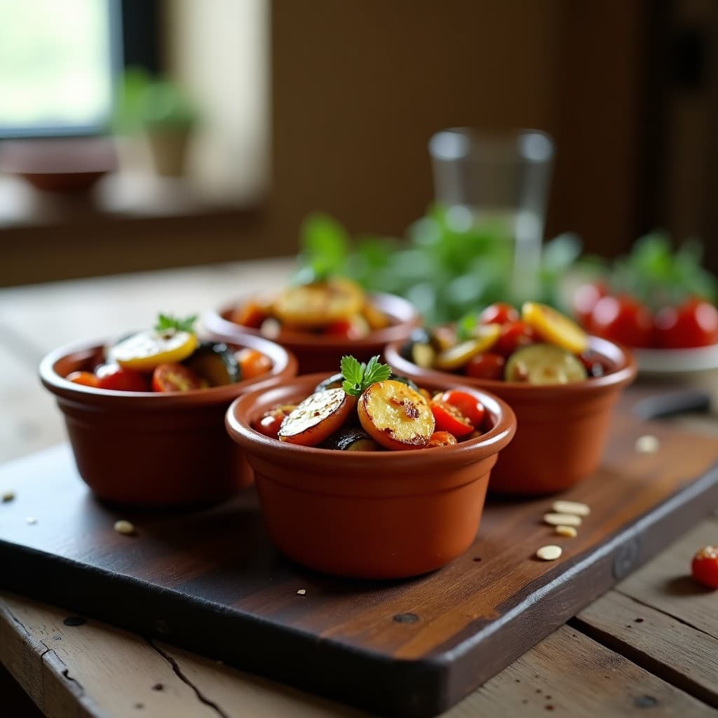 Cuatro mini cocottes de barro con ratatouille gratinada, cubiertas de queso de cabra dorado y almendras fileteadas, sobre una tabla de madera rústica con hierbas provenzales esparcidas.
