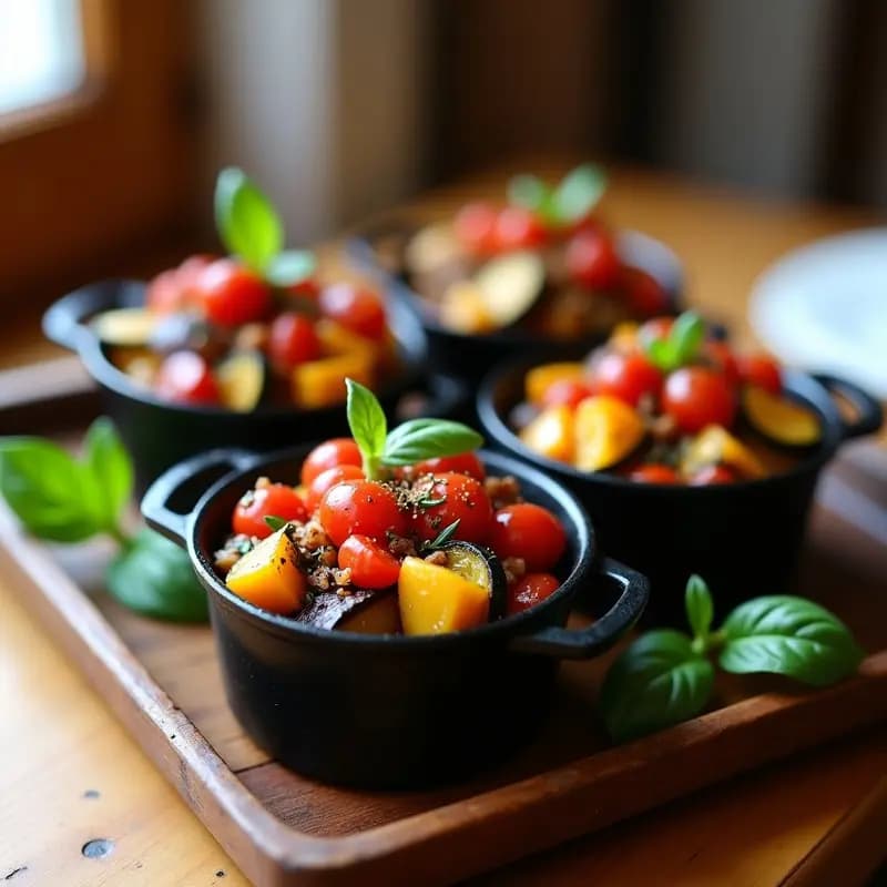 Mini cocottes de hierro fundido con ratatouille francesa en capas de berenjena, calabacín, pimiento rojo y tomate, horneadas a la perfección. Plato bajo en calorías y sin lactosa, decorado con albahaca fresca y un hilo de vinagre balsámico.