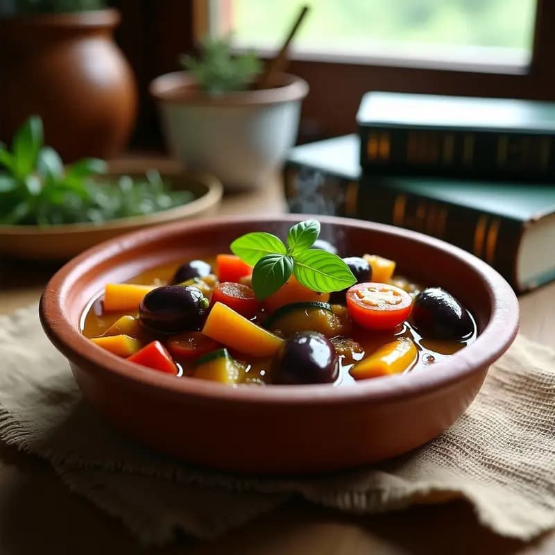 Plato hondo de barro con ratatouille de huerto en olla lenta, verduras de temporada en trozos gruesos (berenjena ahumada, calabacín, pimientos asados y tomate) bañadas en un caldo dorado. Hierbas provenzales frescas esparcidas por encima. Fondo rústico con pan de campo y un ramito de tomillo.
