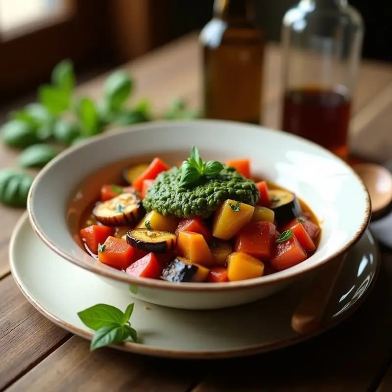 Plato hondo de cerámica blanca con ratatouille al pistou, guiso colorido de berenjena, calabacín, pimientos y tomate, coronado con salsa verde pistou de albahaca y ajo, servido con una cuchara de madera.