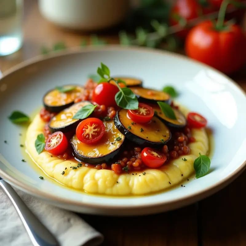Plato hondo de cerámica blanca con ratatouille francesa en capas de berenjena, calabacín, pimientos y tomates horneados, servida sobre polenta cremosa de color amarillo pálido, decorada con hierbas provenzales y un hilo de aceite de oliva.