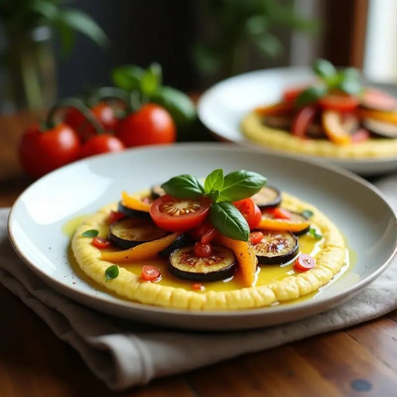 Plato hondo blanco con polenta de maíz azul cremosa en la base, cubierta de rodajas de berenjena, calabacín, pimiento rojo y amarillo, y tomate horneados, decorado con hojas de albahaca fresca y un hilo de aceite de oliva. Receta de ratatouille con polenta de maíz azul vegana y sin gluten.