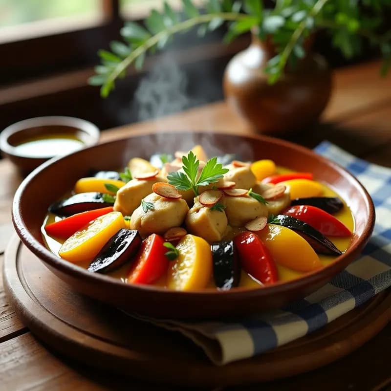 Plato hondo de barro con ratatouille provenzal en capas de berenjena, calabacín y pimientos, coronado con trozos de pollo al curry amarillo y almendras fileteadas tostadas. Receta francesa fusion en olla lenta, servida con hierbas frescas.
