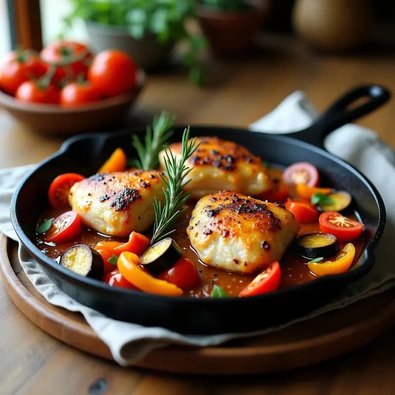 Sartén de hierro con ratatouille provenzal de berenjena, calabacín y pimientos en capas, acompañada de trozos de pollo dorado al romero. Plato colorido y aromático con hierbas frescas como decoración.