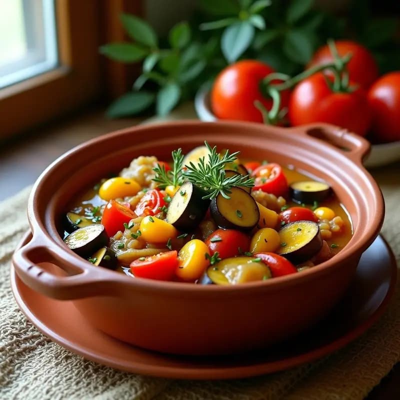 Olla de barro rústica con ratatouille provenzal de verduras en trozos grandes, bañadas en un caldo dorado con azafrán, decorada con hojas de tomillo fresco y un hilo de aceite de oliva virgen extra.