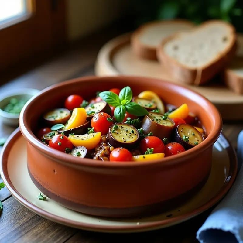 Olla de barro con ratatouille provenzal con hierbas finas, mezcla colorida de berenjena morada, calabacín verde, pimientos rojos y amarillos asados, y tomates pera, coronada con hojas de albahaca y tomillo fresco. Plato rústico de fondo con pan de trigo sarraceno.