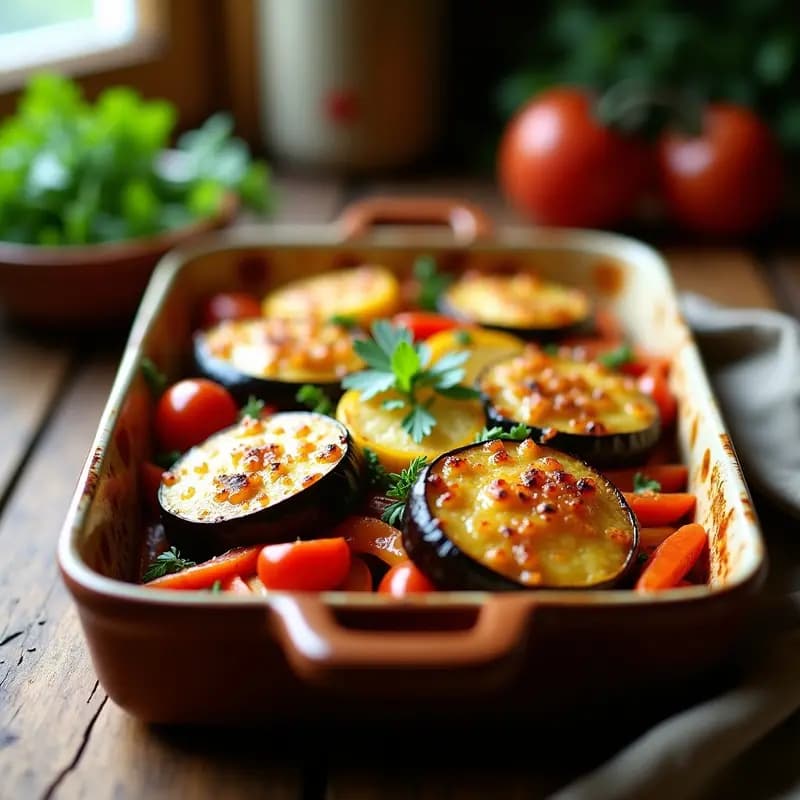 Ratatouille Provenzal en molde rectangular con capas de berenjena, calabacín, pimiento y tomate gratinadas, cubiertas por un queso de cabra vegano dorado y crujiente. Acompañada de hierbas frescas y aceite de oliva, servida en un plato rústico de barro.