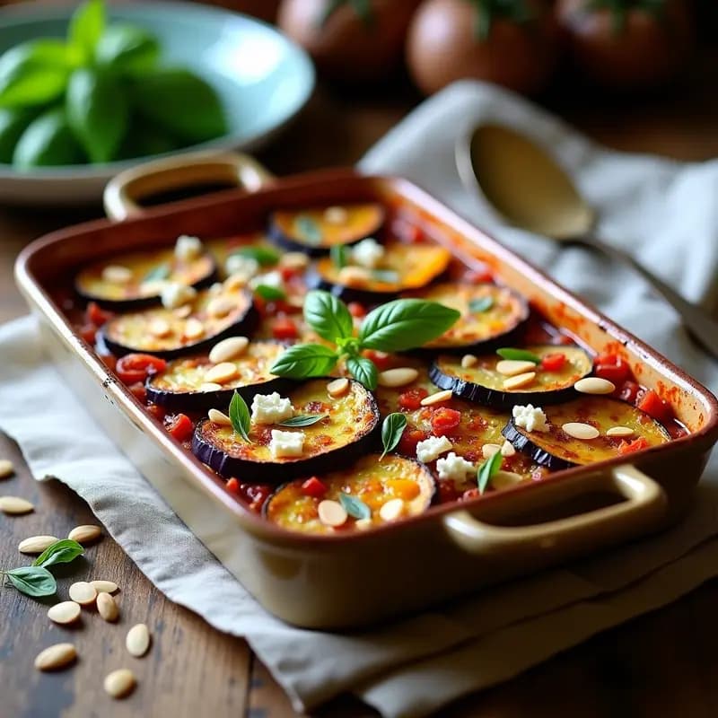 Fuente de horno rectangular con ratatouille en capas coloridas de berenjena, calabacín y pimientos, gratinada con queso de cabra sin lactosa desmenuzado y tomates secos. Decorada con almendras tostadas y hojas de albahaca fresca, receta francesa vegetariana y sin lactosa.