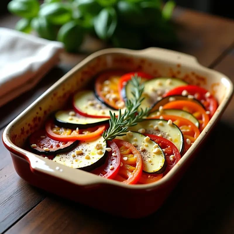 Fuente de horno con ratatouille en capas de berenjena, calabacín, pimiento y tomate, gratinada con queso de cabra vegano dorado y almendras fileteadas, sobre fondo rústico de madera.