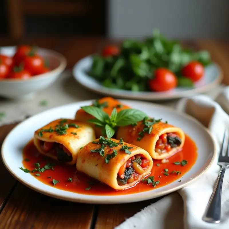 Plato blanco con rolls de berenjena rellenos de ratatouille colorida, decorados con piñones tostados y hojas de albahaca fresca, receta francesa vegana con toque mediterráneo.