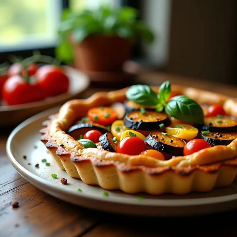 Tartaletas individuales de masa brisa integral dorada rellenas de ratatouille colorida con berenjena, calabacín, pimientos y tomate, decoradas con almendras fileteadas tostadas. Plato de cocina francesa vegana y crujiente.